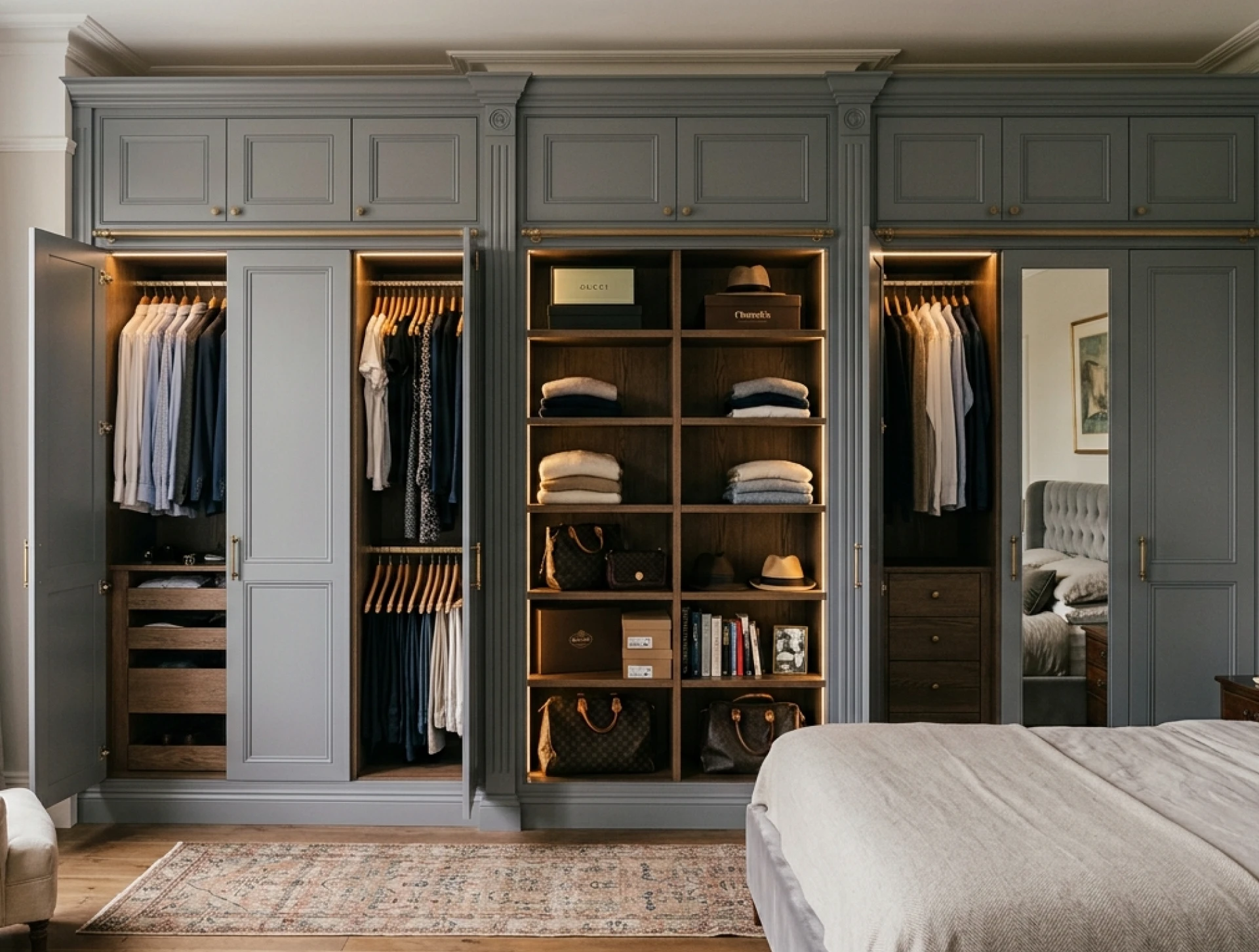 Blue-grey fitted wardrobes with brass handles, drawers and hanging space