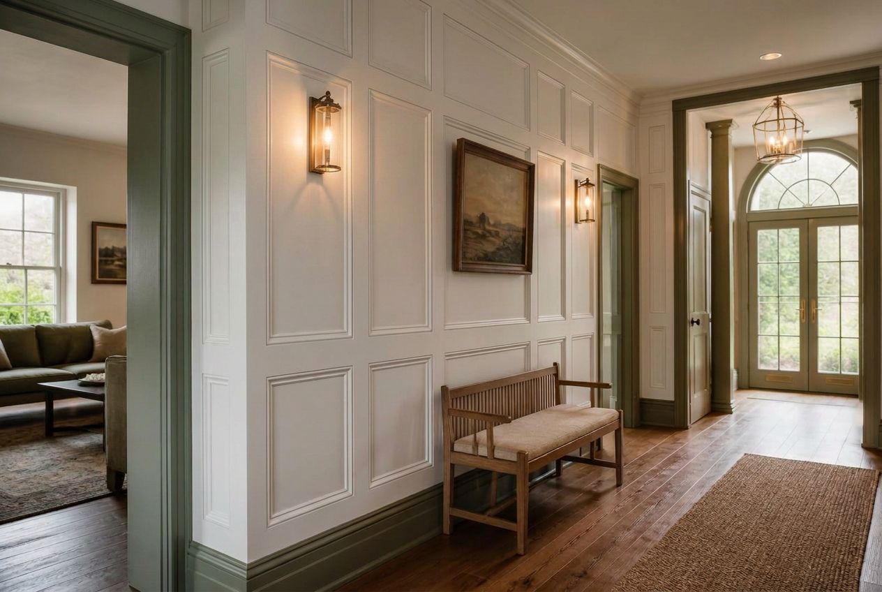 White hallway joinery with detailed mouldings and door surrounds